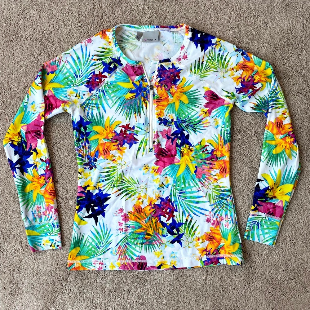 Athleta Tropical Floral Hibiscus Long Sleeve Rashguard Swim Coverup Small NWoT